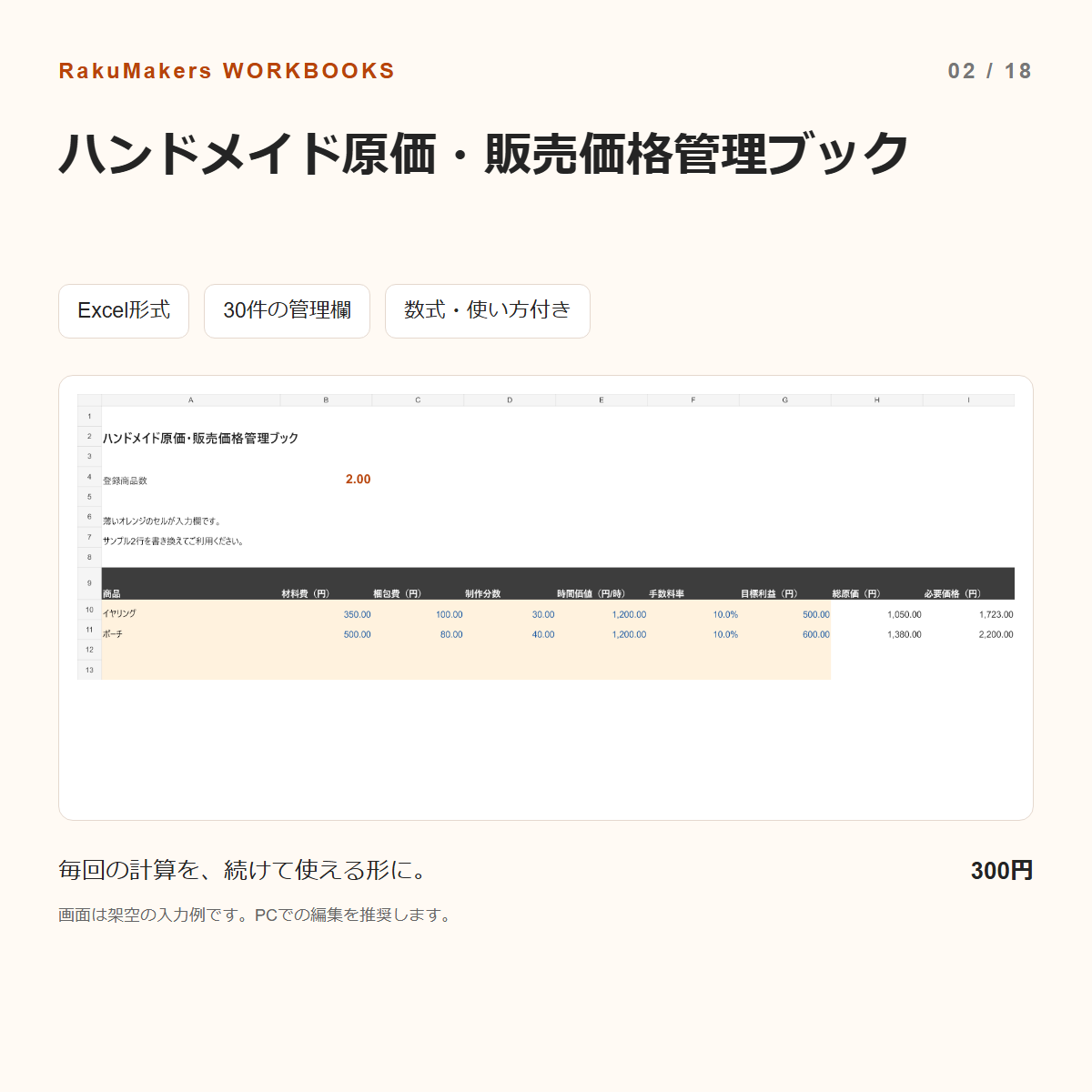 ハンドメイド原価・販売価格管理ブックの入力例