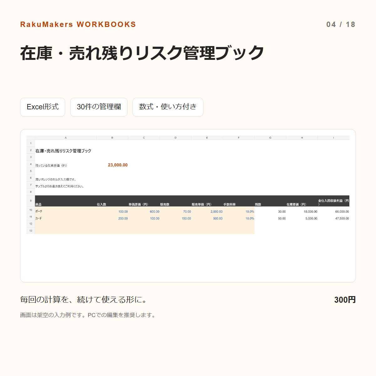 在庫・売れ残りリスク管理ブックの入力例