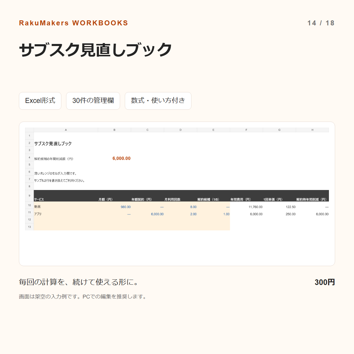 サブスク見直しブックの入力例
