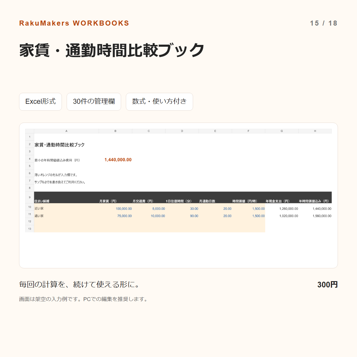 家賃・通勤時間比較ブックの入力例